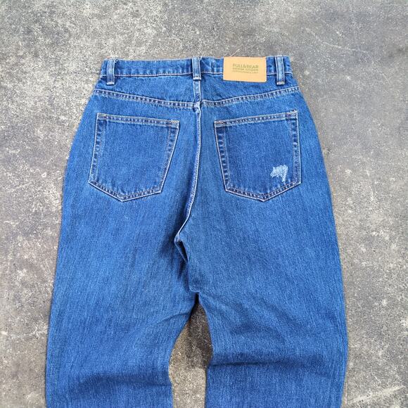 Pull Bear Mom Jeans Womens 4 Blue Pants Distressed Baggy Cuffed Dark Waist 26 - Picture 5 of 9